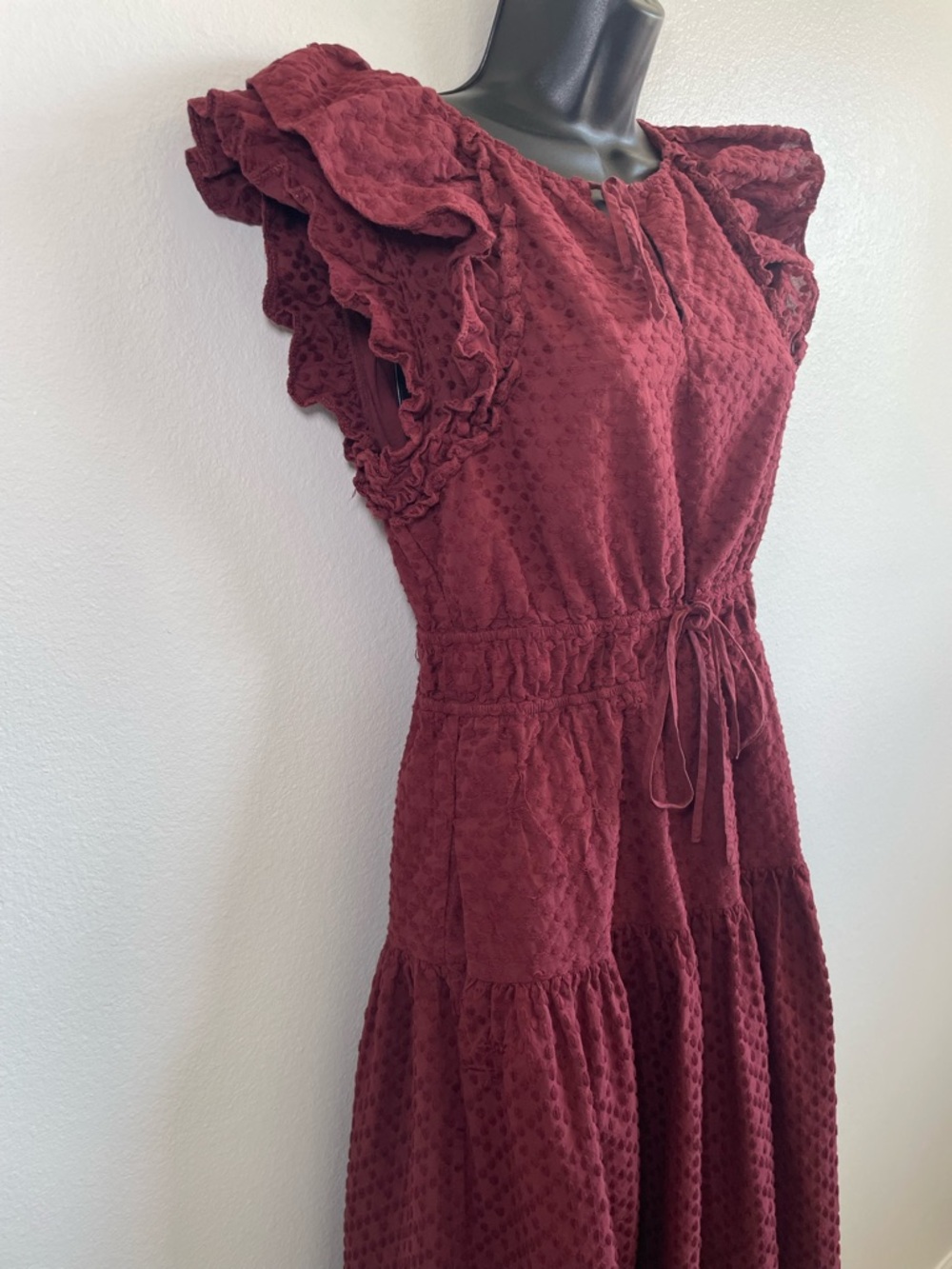 Chelsea & Violet Burgundy Swiss Dot Ruffle Midi Dress Size L (RUNS SMALL) - Picture 3 of 14